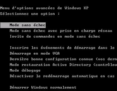 Capture d'écran de l'interface de sélection du mode sans echec.