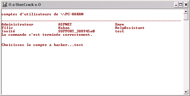Capture d'écran de l'interface de sélection d'utilisation de UserCrack.
